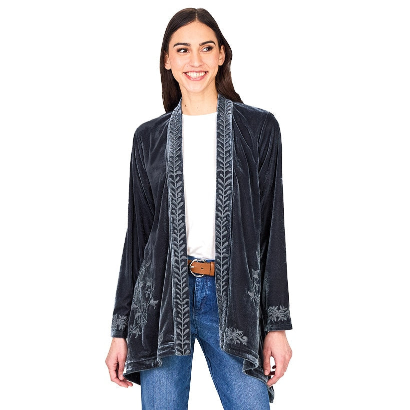 Women's Embroidered Velvet Open Front Cardigan