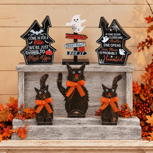 Halloween Tabletop Wood Decor In Black Cat Or Haunted Lane Trio